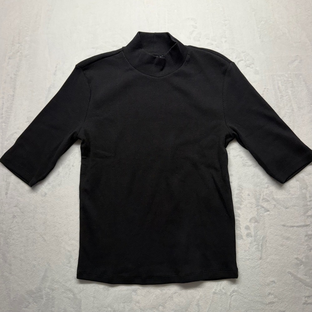 Zara Ribbed Mock Neck Top M Black Womens Elbow Sleeve Cotton Posh Minimalist